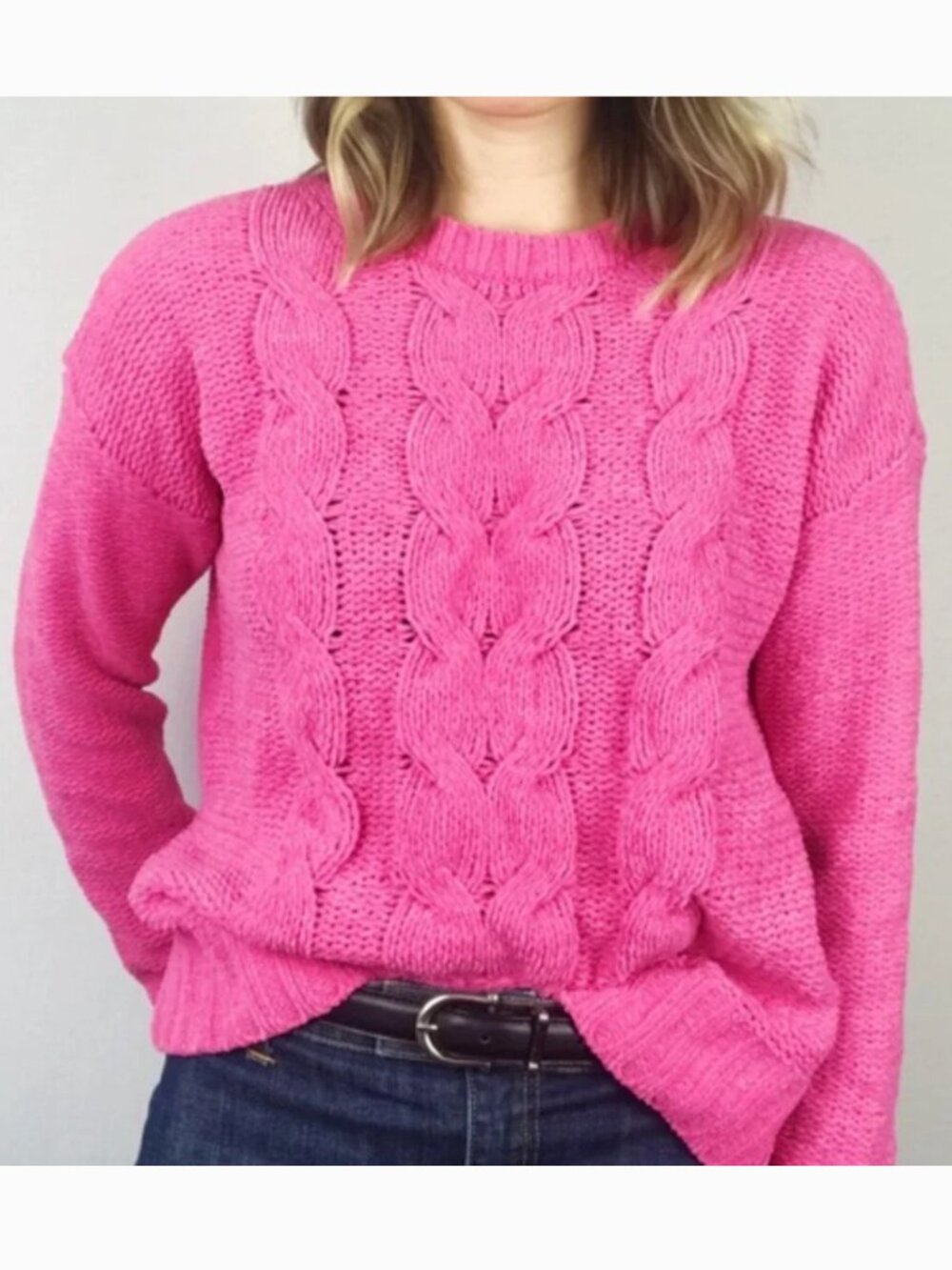 AMERICAN EAGLE AEO AE Chenille Cable Knit Sweater Bright Pink Barbie Oversized L
